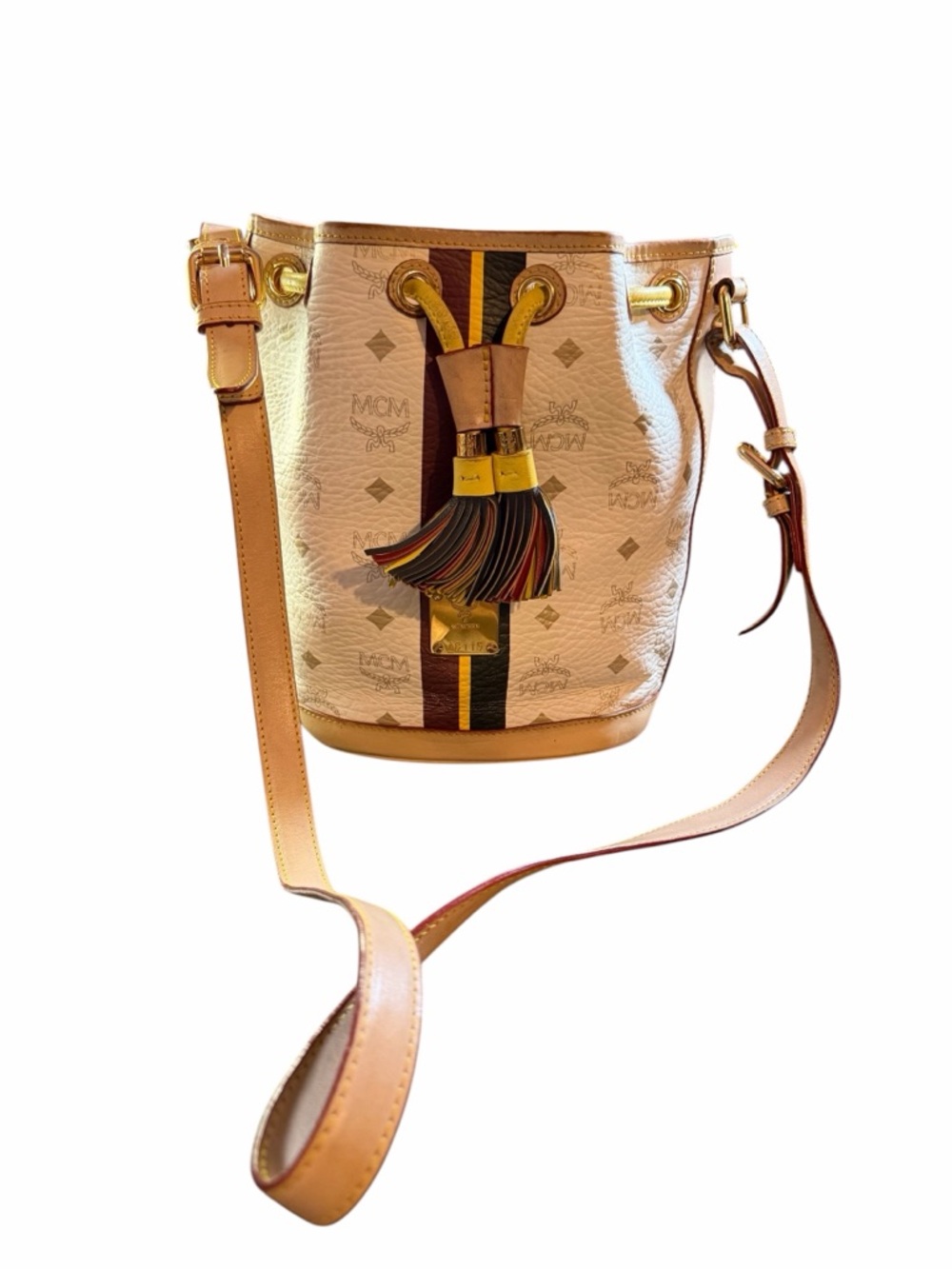 MCM Cream and Tan Drawstring Crossbody Bag with Multi-Color Tassel